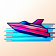A AI-generated app icon of a speedboat in aqua blue color and sunglow color and burgundy color and sizzling red color color scheme