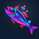 A AI-generated app icon of a haddock in navy blue color and turquoise color and sizzling red color and violet-red color color scheme