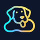 A AI-generated app icon of a golden retriever in dark blue color and light brown color and pinkish-orange color and pastel blue color color scheme