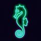 A AI-generated app icon of a seahorse in yellow green color and peach color and violet-blue color and lime color color scheme