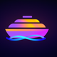 A AI-generated app icon of a cruise ship in teal blue color and steel blue color and violet-red color and gray color color scheme