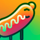 A AI-generated app icon of a cute sausage in bisque , forest green , yellow orange , off white color scheme