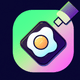 An app icon of  an image of a pad with fried egg with pastel green and orange red and black and purple scheme color