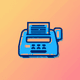 An app icon of  an image of fax machine with dark khaki and alice blue and pastel blue and yellow orange scheme color
