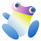 A AI-generated app icon of an frog in bright blue color and pale yellow color and light purple color and greyish pink color color scheme