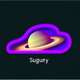 A AI-generated app icon of a cosmic horizon in red-violet color and lavender color and gold color and forest green color color scheme