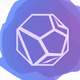 An app icon of  an image of a dodecahedron shape with sandy brown and purple and navy blue and gray scheme color