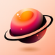A AI-generated app icon of a planet with rings in dark brown color and vivid yellow color and pinkish red color and black color color scheme
