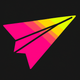 A AI-generated app icon of a paper airplane in hot pink, bright teal, sunny yellow color scheme