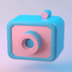 A AI-generated app icon of a video camera slash  in sky blue , crimson , blush pink , silver color scheme