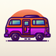 A AI-generated app icon of a camper van in brown color and violet-red color and pink color and red-orange color color scheme