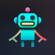 A AI-generated app icon of a fun, cartoon-style robot  in sky blue color and brick color and maroon color and glossy gold color color scheme