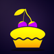 A AI-generated app icon of a delicious cake with a cherry on top in yellow and purple color scheme