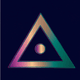 A AI-generated app icon of an equilateral triangle shape in gold , dark sea green , indigo , mauve color scheme