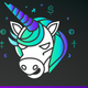 A AI-generated app icon of a cool unicorn portrait in green and purple color scheme