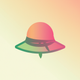 A AI-generated app icon of a fishing hat in yellow-green color and burnt sienna color and coral color and pale purple color color scheme