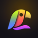 A AI-generated app icon of a parrot in pale purple color and kelly green color and sunglow color and yellow-orange color color scheme