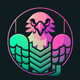 A AI-generated app icon of a harpy in mint green color and turbo color and coral pink color and raspberry color color scheme