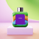 A AI-generated app icon of a shampoo bottle in orange red , pastel green , orchid , mulberry color scheme