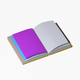 A AI-generated app icon of an open book in pinkish-orange color and pastel purple color and bright orange color and pinkish red color color scheme