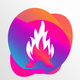 A AI-generated app icon of a fire in light pink color and carnation pink color and purple color and yellow green color color scheme