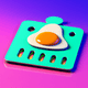 A AI-generated app icon of a pad with fried egg in mint cream , magenta , cornflower blue , dark purple color scheme