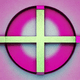 An app icon of a cross shape with fuchsia and lily color scheme