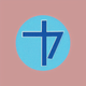 An app icon of a cross shape with alice blue and baby pink color scheme
