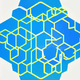 A AI-generated app icon of a hexagon shape in neon blue , white , blue , red color scheme