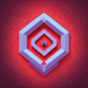 An app icon of a decagon shape with periwinkle and red color scheme