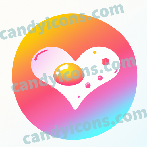 An app icon of A heart-shaped fried egg in orange red , lilac , silver , pastel blue color scheme